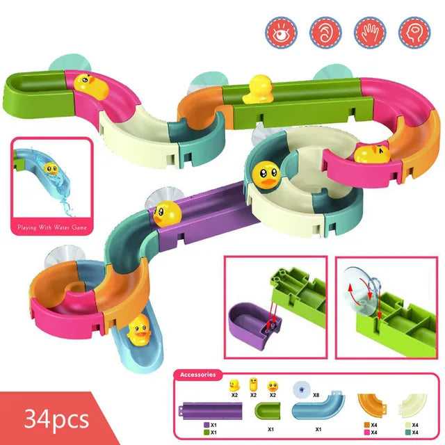 Baby Bath Toys DIY Marble Race Run Assembling Track Bathroom Bathtub Kids Play Water Spray Toy Set Stacking Cups for Children