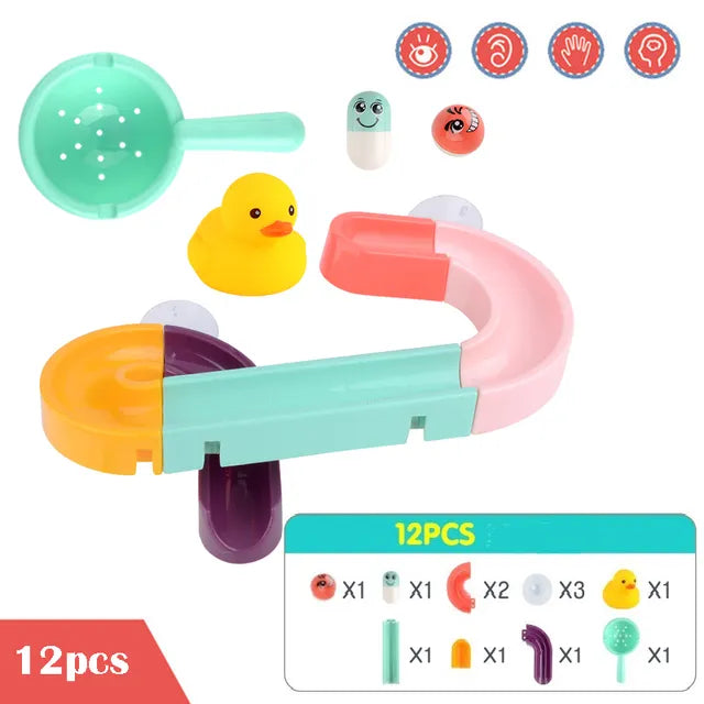 Baby Bath Toys DIY Marble Race Run Assembling Track Bathroom Bathtub Kids Play Water Spray Toy Set Stacking Cups for Children